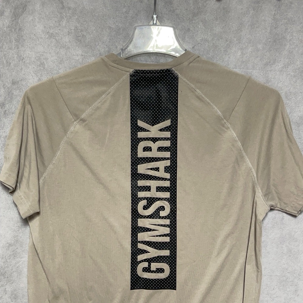 Gymshark Shirt Men L Beige Bold T Shirt Performance Perforated Workout Spellout